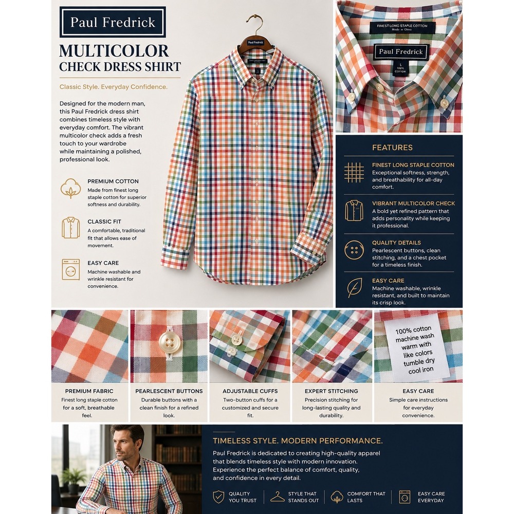 Paul Fredrick Mens Multicolor Check Dress Shirt Long Staple Cotton Classic Fit L